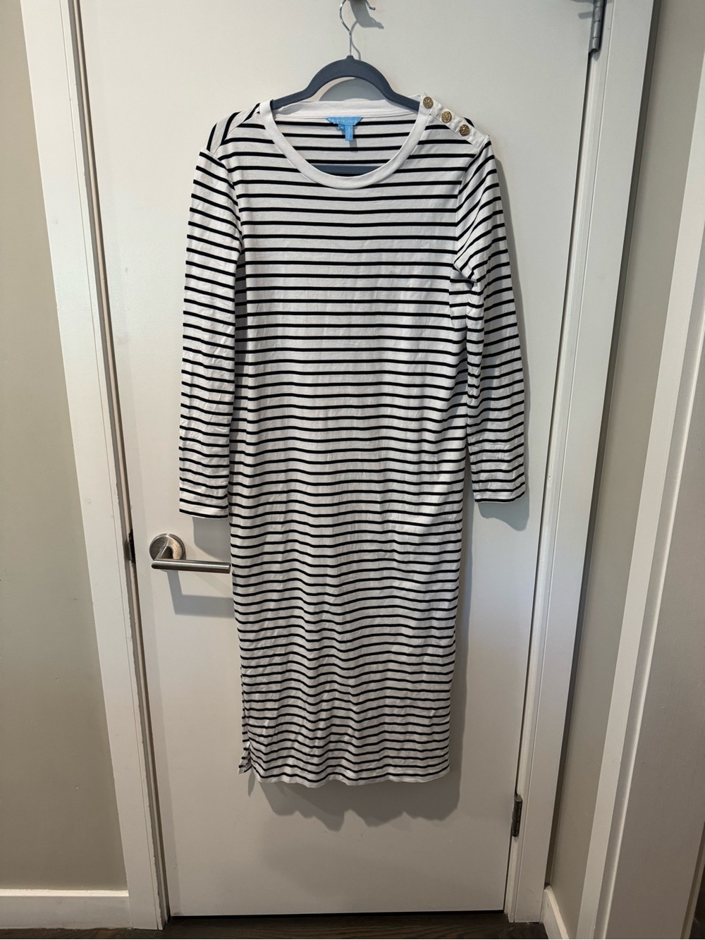 Draper James White and Navy Striped Maxi Dress with Gold Shoulder Detail- Medium